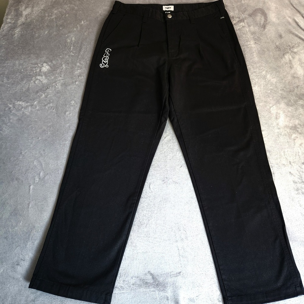 New OBEY Estate Embroidered Pleated Pants Black Skate Twill Men's 33 Loose Fit